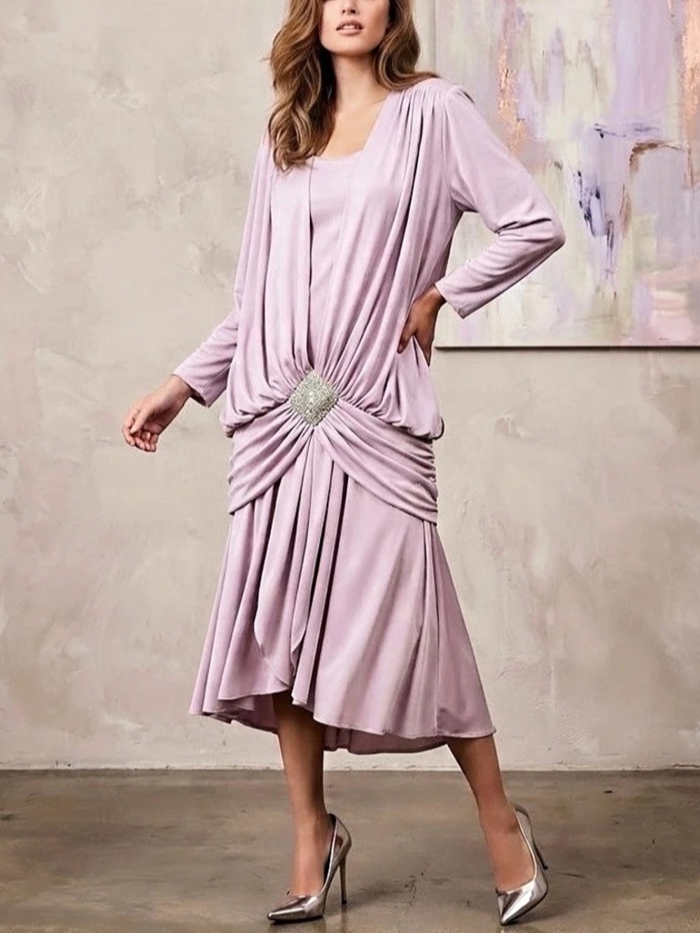 NWT VINTAGE 80s Size 24 Jovani Lilac Pink Drop Waist Beaded Draped Stretch Dress